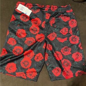 Fresh Black Shorts with Red Rose Print